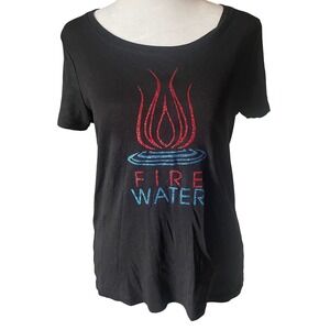 Joan Vass Womens Elemental Fire Water Glitter Graphic‎ Tee Size M Black Sparkle